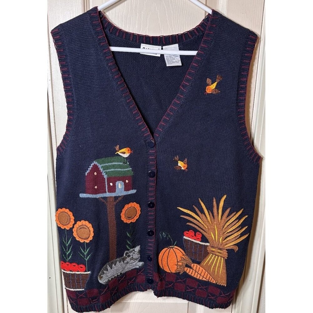 Charming Navy Sweater Vest with Autumn Design